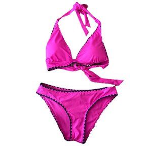 Lucky Brand 2 Piece Swimsuit Medium Pink Bikini Top & Hipster Bottom Embroidered